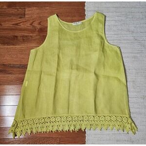 Terzo Millennio Linen Sleeveless Top Yellow Crochet Trim Round Neck M